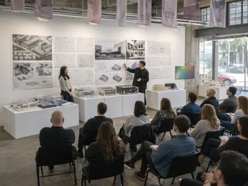 Architecture students presenting thesis boards and models to a seated review audience in studio.