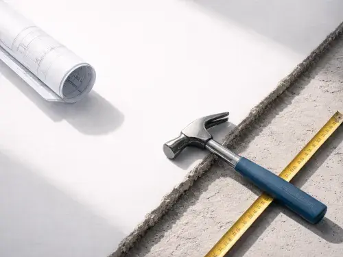 Building construction process tools: blueprint roll, hammer, and measuring tape on concrete.