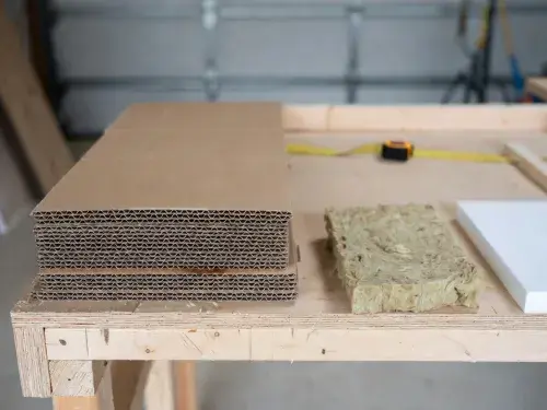 Improvised cardboard insulation test in framed mockup next to proper materials like mineral wool and rigid foam, construction comparison.