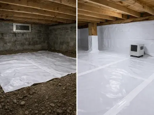 Side-by-side crawl space comparison showing vapor barrier only on one side and full encapsulation on the other.