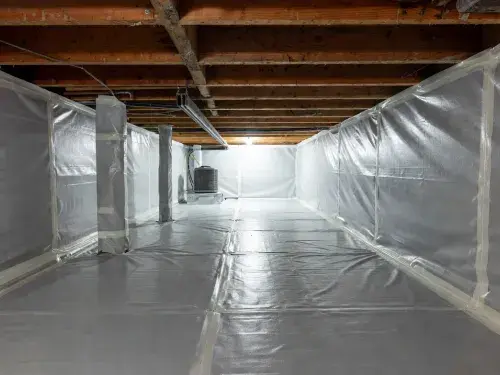 Encapsulated crawl space with sealed floor liner, wall liner, wrapped piers, and visible floor framing above.