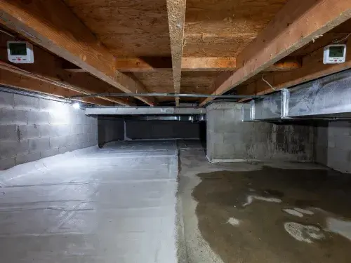Crawl space showing normal humidity on one side and dangerous damp conditions on the other.