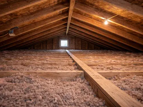 Older stick-framed attic with exposed rafters, ceiling joists, and blown insulation.