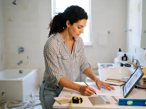 Homeowner reviewing bathroom renovation plans, measurements, and finish samples.