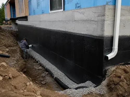 Basement waterproofing and footing drain installation with gravel trench and membrane on foundation wall.