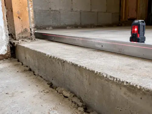 Low concrete slab edge with a visible crack and uneven elevation, shown with a straightedge and laser level in an unfinished garage or foundation area.