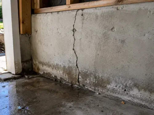 Cracked concrete stem wall with water staining at the base inside an unfinished foundation area.