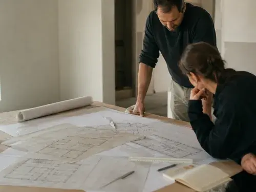 Construction plan review inside an unfinished room with residential drawings spread across a worktable.