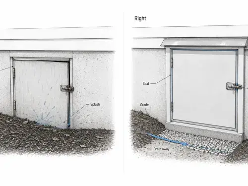 Crawl-space door comparison showing a low, gapped, splash-prone door beside a raised, sealed door with drainage away from the opening.