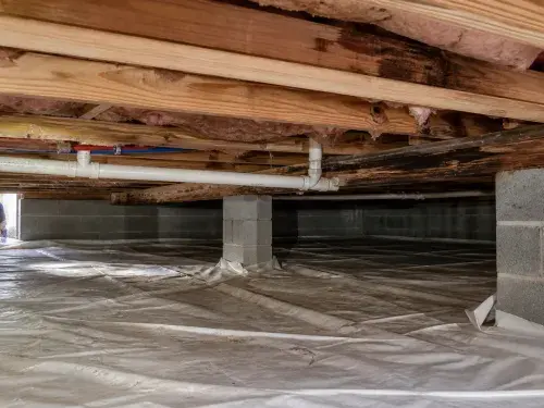 Crawl space inspection showing wood framing, insulation, pipes, block supports, and a ground vapor barrier.