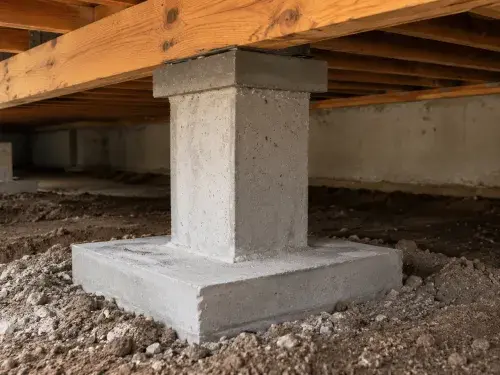 Concrete foundation pillar supporting a wood beam above a pad footing in a crawl space, with soil and gravel around the base.