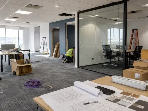 Office interior fit-out in progress with workstations, a glass meeting room, ceiling work, plans, material samples, cables, boxes, and furniture installation.