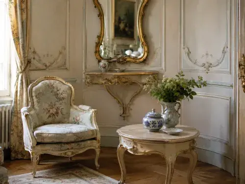 Rococo-inspired sitting room with pale paneled walls, a shaped gilt mirror, curved floral chair, small round table, porcelain detail, and soft daylight.