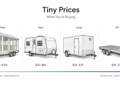 Tiny home price options compared by shell, RV or bus, DIY build, and park model, with simple visuals and included features.