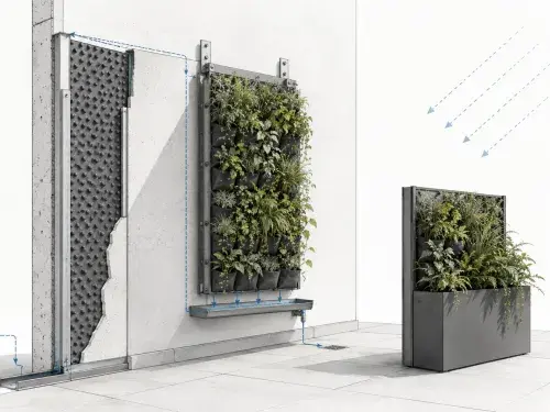 The left blue “water” path is slightly confusing if it is meant to be drainage, because it appears to rise up the wall. It can still work if read as irrigation supply, but the clearest water logic is the tray under the green wall and the drain line to the floor.