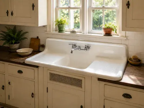 Authentic 1930s enamel drainboard sink with painted cabinets, wall-mounted faucet, and double-hung windows.