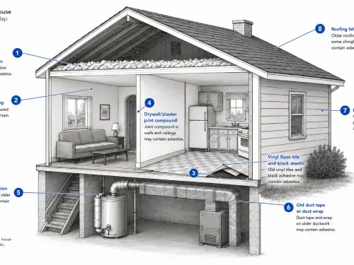 Cutaway diagram of a 1950s house showing common suspect asbestos locations.