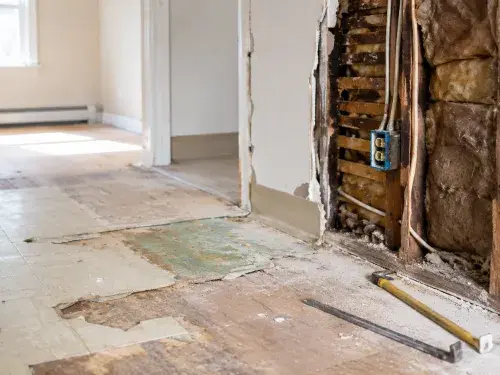 1950s house renovation with exposed wall framing, old wiring, insulation, flooring layers, and tools.