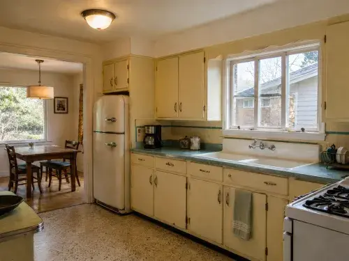 Preserved 1950s kitchen with cream cabinets, vintage refrigerator, laminate counter, and dining room view.
