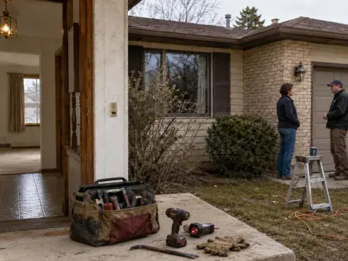 Contractor and homeowner discussing renovation outside a modest 1980s suburban house with open entry, tools, and work van.