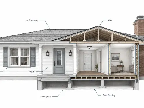 Architectural cutaway map of a modest 1980s ranch house showing siding, windows, attic, roof framing, drainage, fireplace, crawl space, and floor framing.