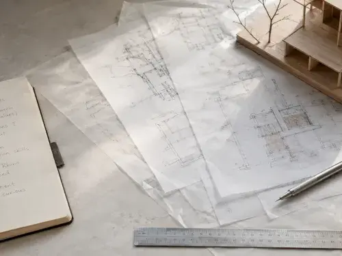 Architectural sketches, model, ruler, and job search notes arranged on a quiet studio table.  Best placement: