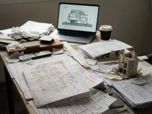 Architecture desk with drawings, laptop model, paper study model, and scattered review notes.