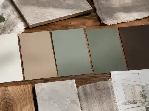 Interior color palette with white, khaki, jade, eucalyptus, and dark brown samples.