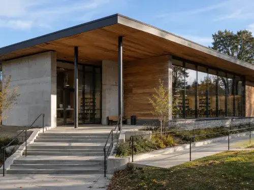 Contemporary public building showing roof planes, wall openings, structure, light, materials, scale, and circulation.