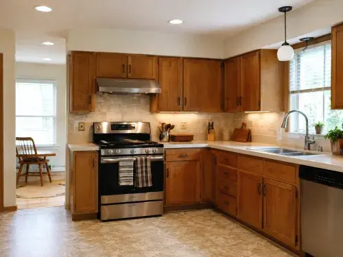 Dated 1970s kitchen before remodel with dark wood cabinets, soffits, linoleum floor, and older appliances.