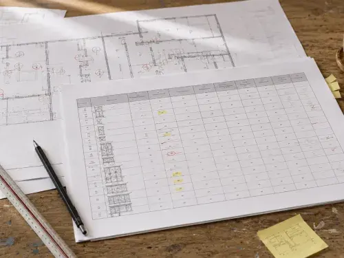 Printed floor plans and a door and window schedule being reviewed with marked-up opening tags before issue.