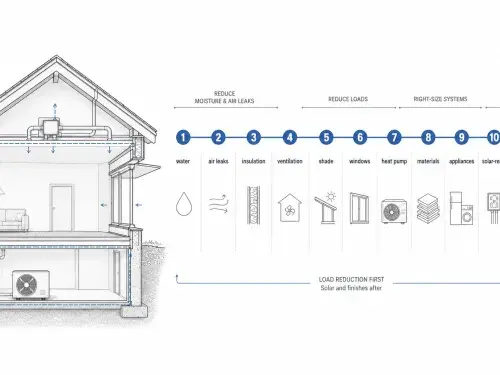 Eco-friendly house upgrade order diagram showing water control, air sealing, insulation, ventilation, windows, heat pump, materials, solar readiness, and monitoring.