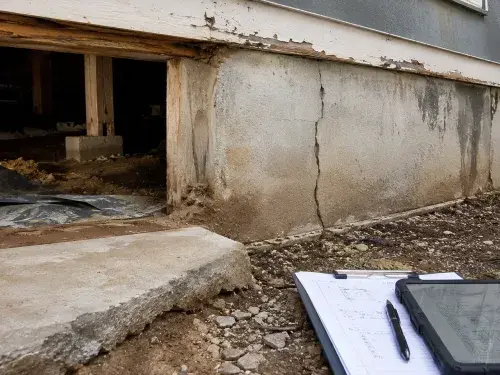 Foundation repair cost inspection with a cracked foundation area, moisture staining, exposed concrete, soil, and estimate notes nearby.