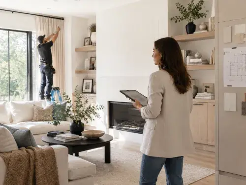 Interior designer reviewing installation work while a contractor adjusts curtains in a finished living room.