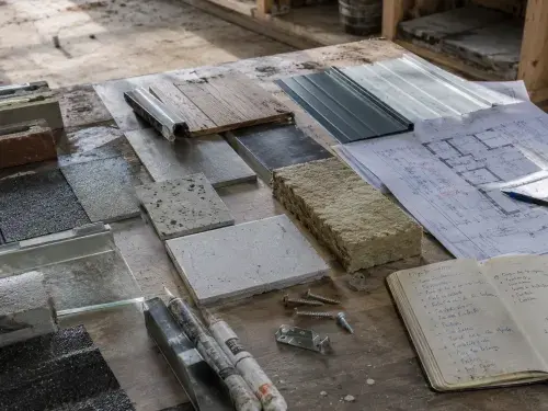 Building material samples on a worktable with drawings, notes, wood, tile, metal, insulation, concrete, brick, roofing, sealant, and fasteners.