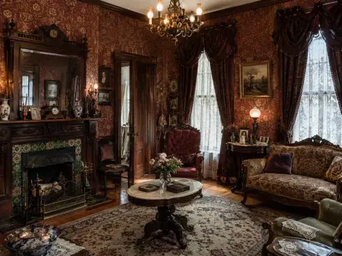 Ornate Victorian parlor with dark wood trim, patterned wallpaper, fireplace, heavy drapery, antique seating, and layered decoration.