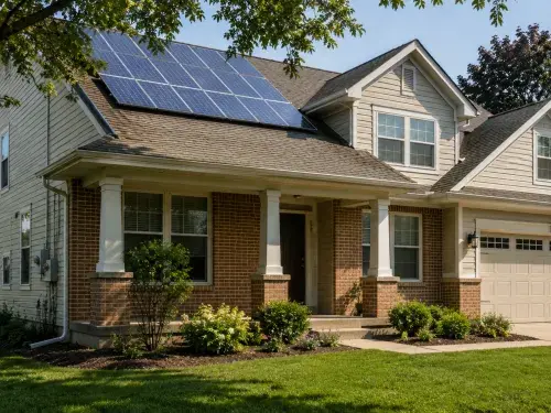 Modern suburban house with rooftop solar panels, partial tree shade, utility service, and site conditions affecting renewable energy design.