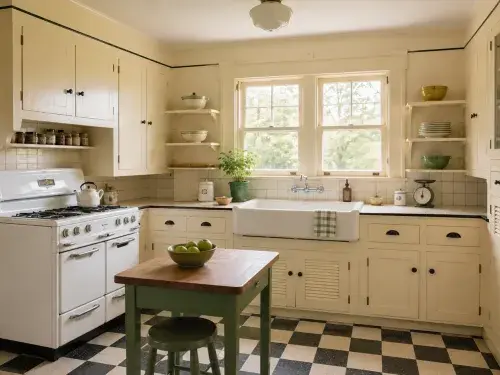 Restored 1930s kitchen with painted built-ins, enamel stove, checkerboard floor, and sink under a window.