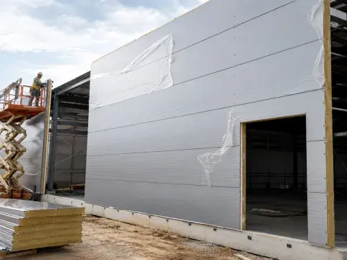 Sandwich panels being installed on a building with visible joints, fasteners, stacked panels, and exposed insulation edges.