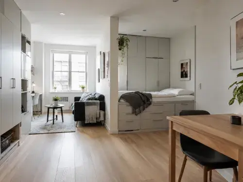 Small apartment layout with storage wall, clear walking path, compact sofa, and bed storage.