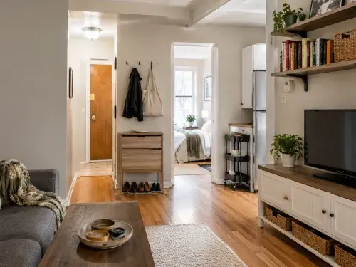 Small apartment living area with entry storage, wall shelves, baskets, kitchen cart, and closed cabinet.