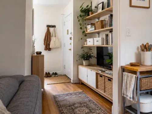 Small apartment living area with entry storage, wall shelves, closed cabinets, and a rolling kitchen cart.