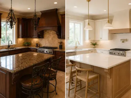 Before and after 2000s Tuscan kitchen update with darker original finishes and a lighter warmer remodel.