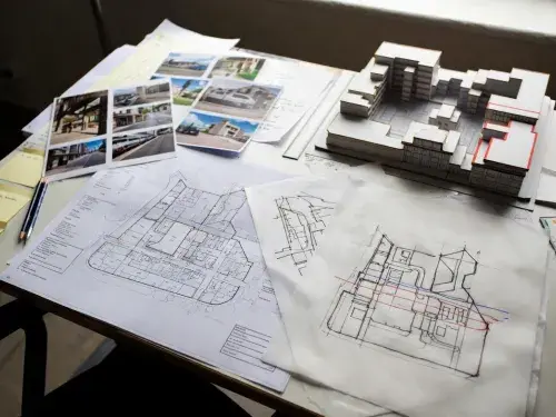 Zoning overlays, heat maps, massing model and urban planning sketches for mixed-use review.
