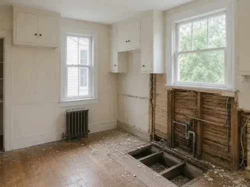 1910s kitchen demolition exposing damaged flooring, plumbing, wiring, wood lath, and localized framing repairs.