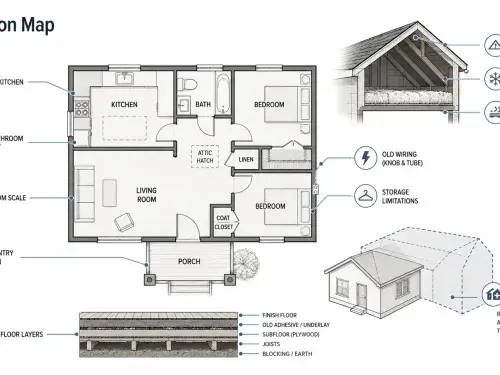 Diagram showing the main renovation pressure points in a 1950s bungalow.