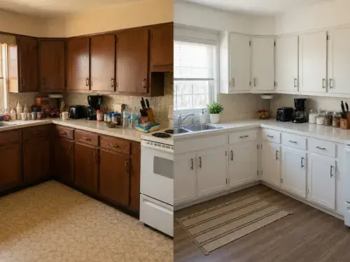 Before and after 1970s kitchen update with dark wood cabinets changed to painted cabinets, new hardware, and darker flooring.