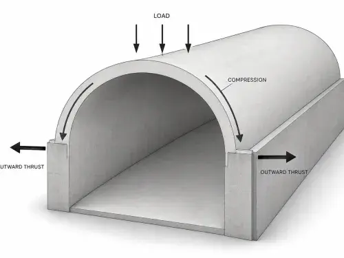 Barrel vault diagram showing gravity load, compression through the curve and outward thrust at its supports.