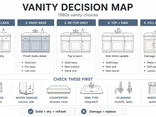 Diagram showing when to keep, repaint, re-top, or replace a 1980s bathroom vanity.