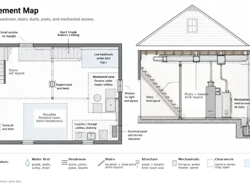 Diagram showing Cape Cod basement constraints including stairs, ducts, posts, moisture, mechanicals, and finished zone.